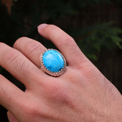 Kermani Feroza Stone Ring | Natural Blue Turquoise Stone Ring | Sterling Silver 92.5 | Geniune Feroza Stone | US Size 11.5 - AlAliGems