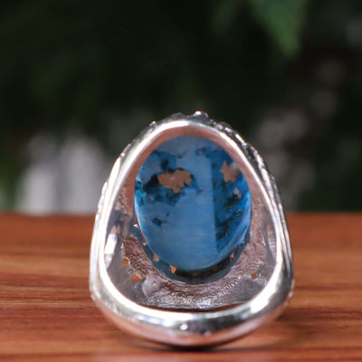 Kermani Feroza Stone Ring | Natural Blue Turquoise Stone Ring | Sterling Silver 92.5 | Geniune Feroza Stone | US Size 10.75 - AlAliGems