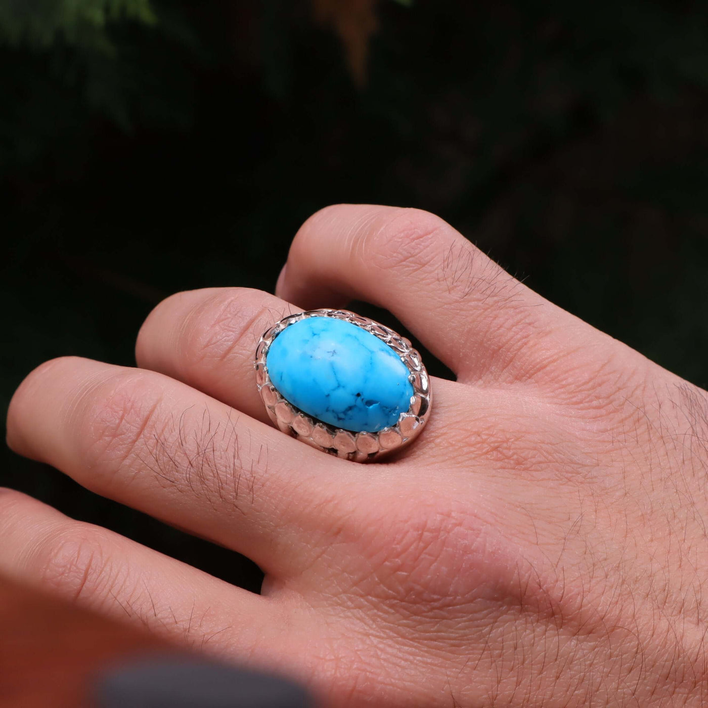 Kermani Feroza Stone Ring | Natural Blue Turquoise Stone Ring | Sterling Silver 92.5 | Geniune Feroza Stone | US Size 10.75 - AlAliGems