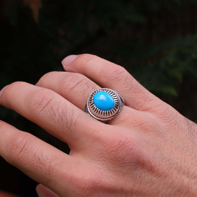 Kermani Feroza Stone Ring | Natural Blue Turquoise Stone Ring | Sterling Silver 92.5 | Geniune Feroza Stone | US Size 12 - AlAliGems