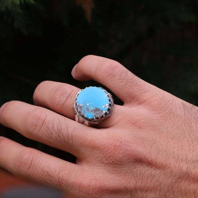 Kermani Feroza Stone Ring | Natural Blue Turquoise Stone Ring | Sterling Silver 92.5 | Geniune Feroza Stone | US Size 13 - AlAliGems