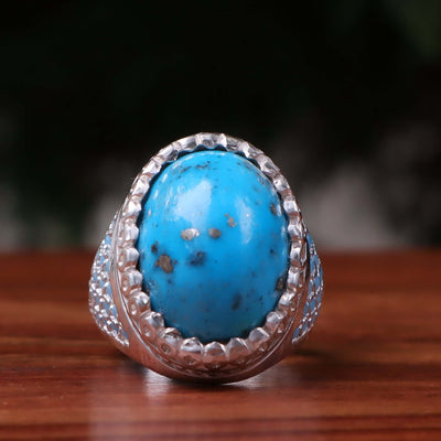 Kermani Feroza Stone Ring | Natural Blue Turquoise Stone Ring | Sterling Silver 92.5 | Geniune Feroza Stone | US Size 10.5 - AlAliGems