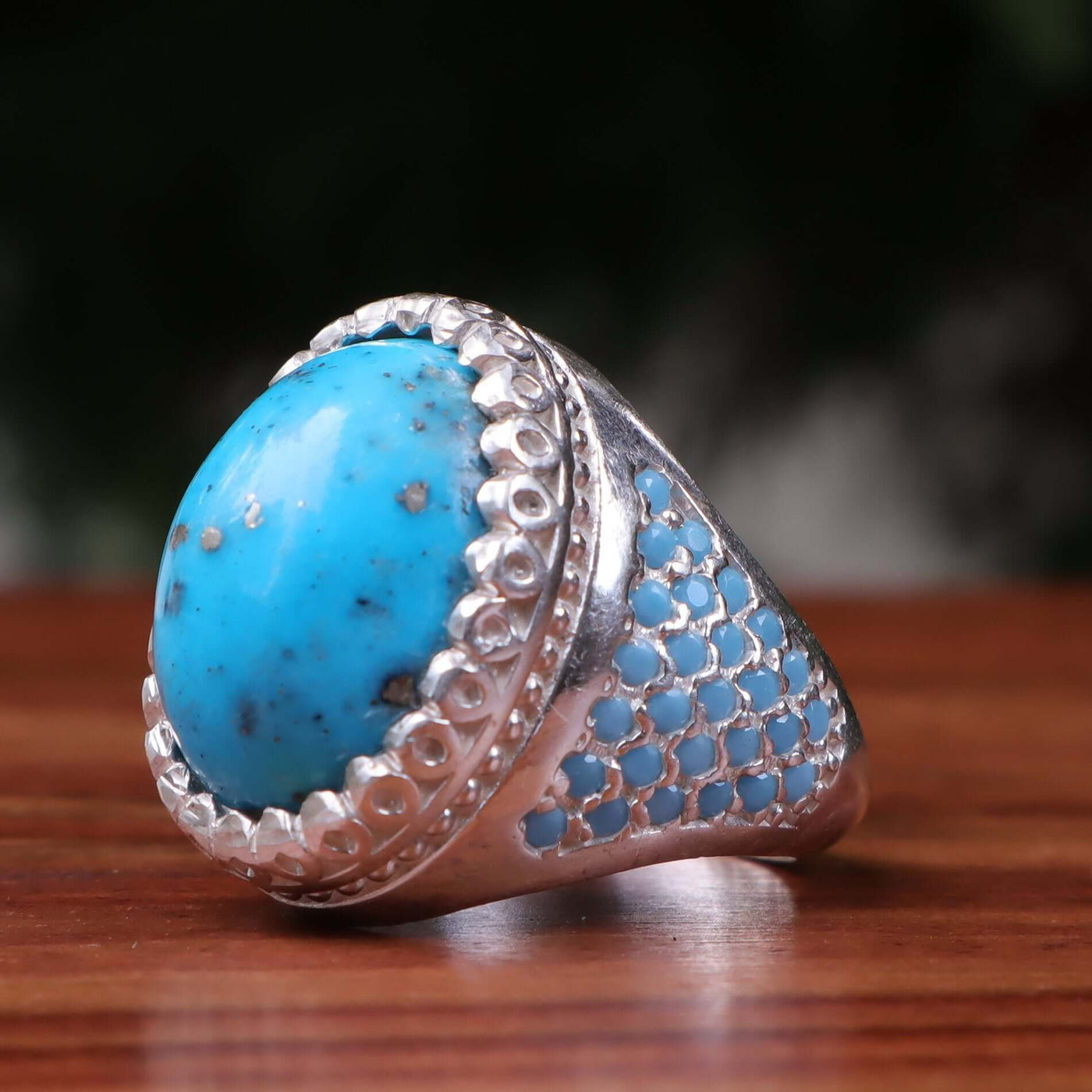 Kermani Feroza Stone Ring | Natural Blue Turquoise Stone Ring | Sterling Silver 92.5 | Geniune Feroza Stone | US Size 10.5 - AlAliGems