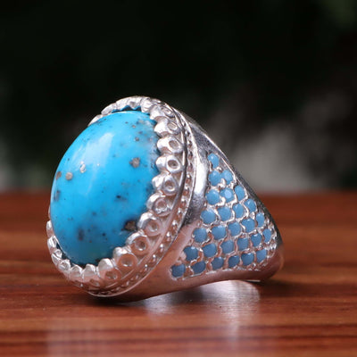 Kermani Feroza Stone Ring | Natural Blue Turquoise Stone Ring | Sterling Silver 92.5 | Geniune Feroza Stone | US Size 10.5 - AlAliGems