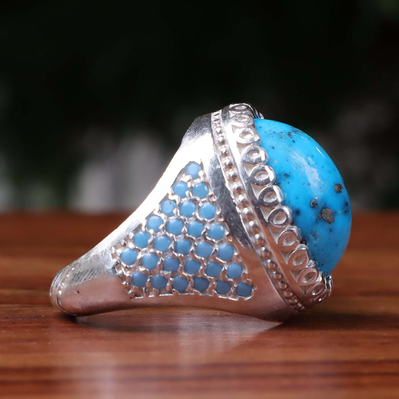 Kermani Feroza Stone Ring | Natural Blue Turquoise Stone Ring | Sterling Silver 92.5 | Geniune Feroza Stone | US Size 10.5 - AlAliGems