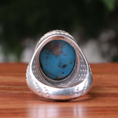 Kermani Feroza Stone Ring | Natural Blue Turquoise Stone Ring | Sterling Silver 92.5 | Geniune Feroza Stone | US Size 10.5 - AlAliGems