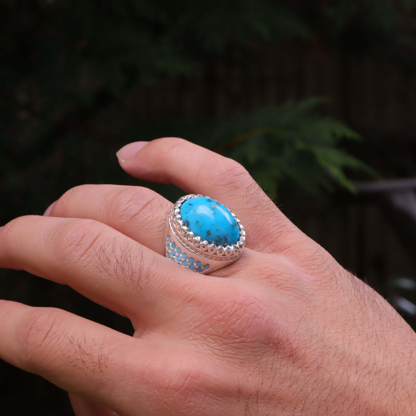 Kermani Feroza Stone Ring | Natural Blue Turquoise Stone Ring | Sterling Silver 92.5 | Geniune Feroza Stone | US Size 10.5 - AlAliGems