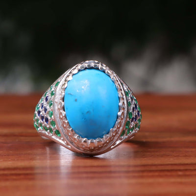 Kermani Feroza Stone Ring | Natural Blue Turquoise Stone Ring | Sterling Silver 92.5 | Geniune Feroza Stone | US Size 11.5 - AlAliGems