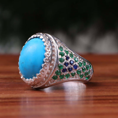 Kermani Feroza Stone Ring | Natural Blue Turquoise Stone Ring | Sterling Silver 92.5 | Geniune Feroza Stone | US Size 11.5 - AlAliGems