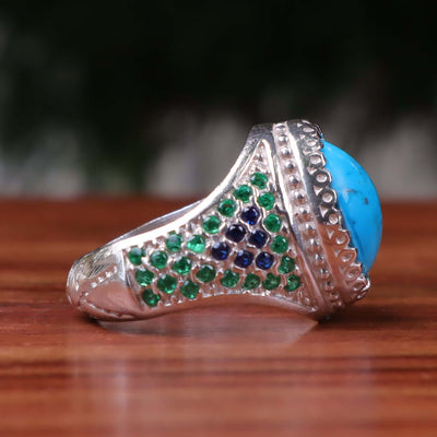 Kermani Feroza Stone Ring | Natural Blue Turquoise Stone Ring | Sterling Silver 92.5 | Geniune Feroza Stone | US Size 11.5 - AlAliGems