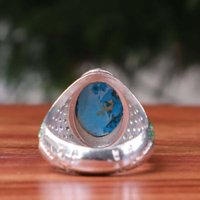 Kermani Feroza Stone Ring | Natural Blue Turquoise Stone Ring | Sterling Silver 92.5 | Geniune Feroza Stone | US Size 11.5 - AlAliGems