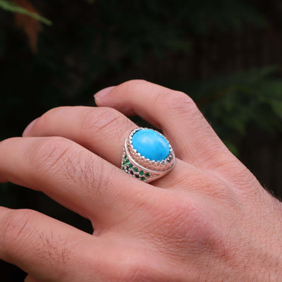 Kermani Feroza Stone Ring | Natural Blue Turquoise Stone Ring | Sterling Silver 92.5 | Geniune Feroza Stone | US Size 11.5 - AlAliGems