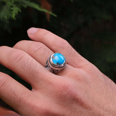 Kermani Feroza Stone Ring | Natural Blue Turquoise Stone Ring | Sterling Silver 92.5 | Geniune Feroza Stone | US Size 10 - AlAliGems