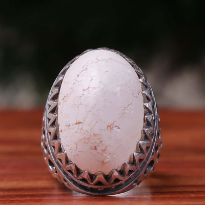 Kermani Feroza Stone Ring | Natural White Turquoise Stone Ring | Sterling Silver 92.5 | Geniune Feroza Stone | US Size 10.5 - AlAliGems