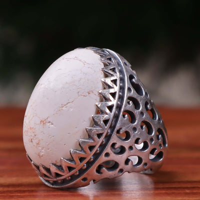 Kermani Feroza Stone Ring | Natural White Turquoise Stone Ring | Sterling Silver 92.5 | Geniune Feroza Stone | US Size 10.5 - AlAliGems