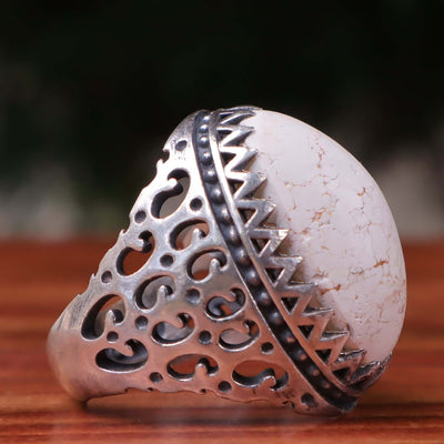 Kermani Feroza Stone Ring | Natural White Turquoise Stone Ring | Sterling Silver 92.5 | Geniune Feroza Stone | US Size 10.5 - AlAliGems
