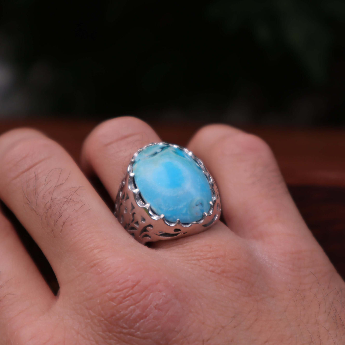 Kermani Feroza Stone Ring | Natural Blue Turquoise Stone Ring | Sterling Silver 92.5 | Geniune Feroza Stone | US Size 12 - AlAliGems