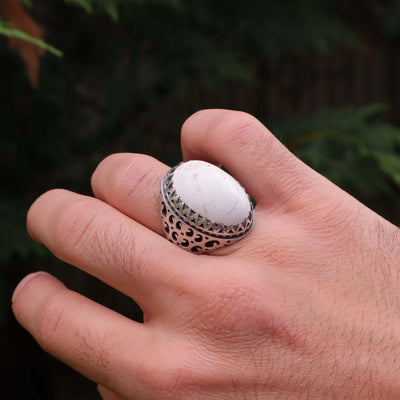 Kermani Feroza Stone Ring | Natural White Turquoise Stone Ring | Sterling Silver 92.5 | Geniune Feroza Stone | US Size 10.5 - AlAliGems