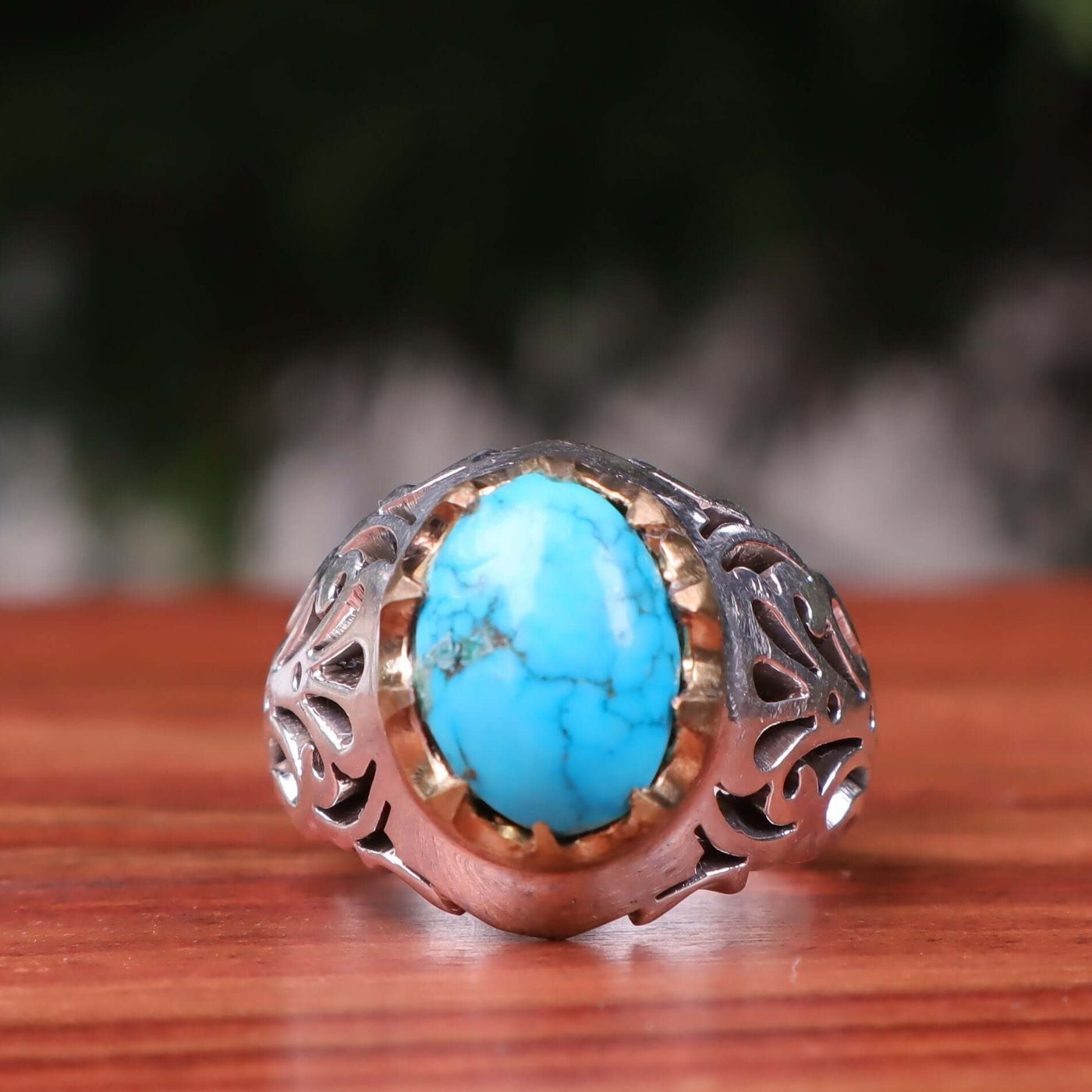Nyshapuri Feroza Stone Ring | Natural Blue Turquoise Stone Ring | Sterling Silver 92.5 | Geniune Feroza Stone | US Size 10.5 - AlAliGems