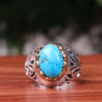 Nyshapuri Feroza Stone Ring | Natural Blue Turquoise Stone Ring | Sterling Silver 92.5 | Geniune Feroza Stone | US Size 10.5 - AlAliGems