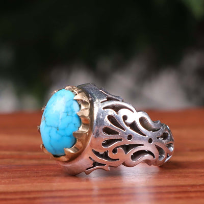Nyshapuri Feroza Stone Ring | Natural Blue Turquoise Stone Ring | Sterling Silver 92.5 | Geniune Feroza Stone | US Size 10.5 - AlAliGems
