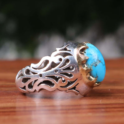 Nyshapuri Feroza Stone Ring | Natural Blue Turquoise Stone Ring | Sterling Silver 92.5 | Geniune Feroza Stone | US Size 10.5 - AlAliGems