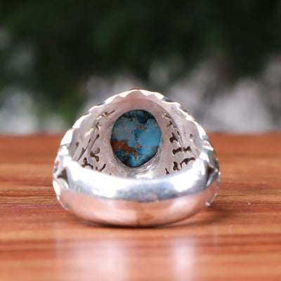Nyshapuri Feroza Stone Ring | Natural Blue Turquoise Stone Ring | Sterling Silver 92.5 | Geniune Feroza Stone | US Size 10.5 - AlAliGems