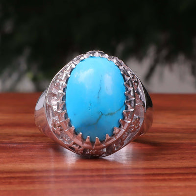 Kermani Feroza Stone Ring | Natural Blue Turquoise Stone Ring | Sterling Silver 92.5 | Geniune Feroza Stone | US Size 13 - AlAliGems