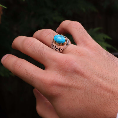 Nyshapuri Feroza Stone Ring | Natural Blue Turquoise Stone Ring | Sterling Silver 92.5 | Geniune Feroza Stone | US Size 10.5 - AlAliGems