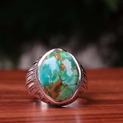 Nyshapuri Feroza Stone Ring | Natural Green Turquoise Stone Ring | Sterling Silver 92.5 | Geniune Feroza Stone | US Size 10 - AlAliGems