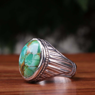Nyshapuri Feroza Stone Ring | Natural Green Turquoise Stone Ring | Sterling Silver 92.5 | Geniune Feroza Stone | US Size 10 - AlAliGems