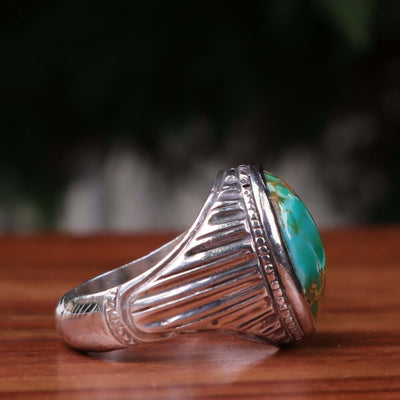 Nyshapuri Feroza Stone Ring | Natural Green Turquoise Stone Ring | Sterling Silver 92.5 | Geniune Feroza Stone | US Size 10 - AlAliGems
