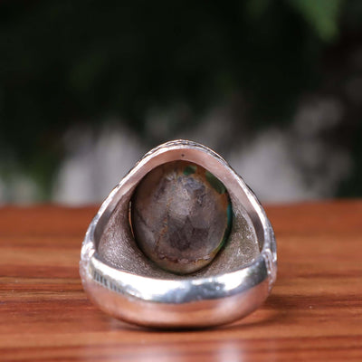 Nyshapuri Feroza Stone Ring | Natural Green Turquoise Stone Ring | Sterling Silver 92.5 | Geniune Feroza Stone | US Size 10 - AlAliGems