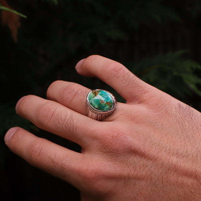 Nyshapuri Feroza Stone Ring | Natural Green Turquoise Stone Ring | Sterling Silver 92.5 | Geniune Feroza Stone | US Size 10 - AlAliGems