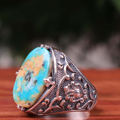 Nyshapuri Feroza Stone Ring | Natural Green Turquoise Stone Ring | Sterling Silver 92.5 | Geniune Feroza Stone | US Size 10 - AlAliGems