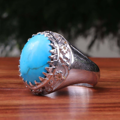Kermani Feroza Stone Ring | Natural Blue Turquoise Stone Ring | Sterling Silver 92.5 | Geniune Feroza Stone | US Size 13 - AlAliGems