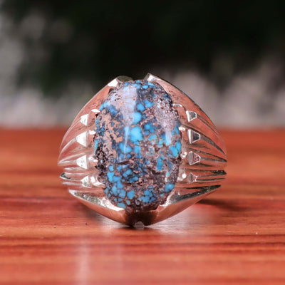 Nyshapuri Feroza Stone Ring | Natural Blue Turquoise Stone Ring | Sterling Silver 92.5 | Geniune Feroza Stone | US Size 12 - AlAliGems