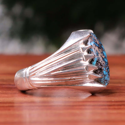 Nyshapuri Feroza Stone Ring | Natural Blue Turquoise Stone Ring | Sterling Silver 92.5 | Geniune Feroza Stone | US Size 12 - AlAliGems