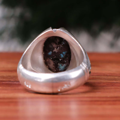 Nyshapuri Feroza Stone Ring | Natural Blue Turquoise Stone Ring | Sterling Silver 92.5 | Geniune Feroza Stone | US Size 12 - AlAliGems