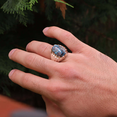 Nyshapuri Feroza Stone Ring | Natural Blue Turquoise Stone Ring | Sterling Silver 92.5 | Geniune Feroza Stone | US Size 12 - AlAliGems