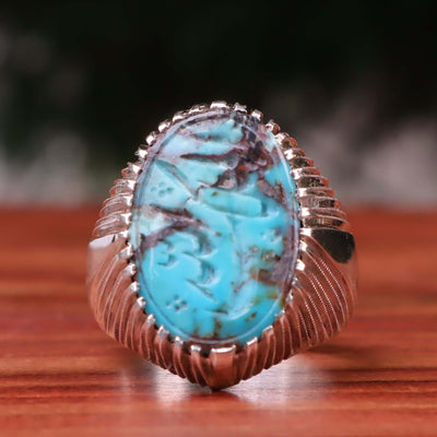 Nyshapuri Feroza Stone Ring | Natural Blue Turquoise Stone Ring | Sterling Silver 92.5 | Engraved Feroza With Al Mulku Lillah | US Size 10 - AlAliGems