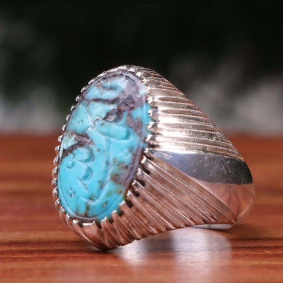 Nyshapuri Feroza Stone Ring | Natural Blue Turquoise Stone Ring | Sterling Silver 92.5 | Engraved Feroza With Al Mulku Lillah | US Size 10 - AlAliGems