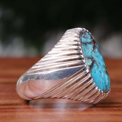 Nyshapuri Feroza Stone Ring | Natural Blue Turquoise Stone Ring | Sterling Silver 92.5 | Engraved Feroza With Al Mulku Lillah | US Size 10 - AlAliGems