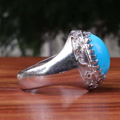 Kermani Feroza Stone Ring | Natural Blue Turquoise Stone Ring | Sterling Silver 92.5 | Geniune Feroza Stone | US Size 13 - AlAliGems