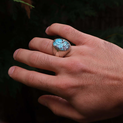 Nyshapuri Feroza Stone Ring | Natural Blue Turquoise Stone Ring | Sterling Silver 92.5 | Engraved Feroza With Al Mulku Lillah | US Size 10 - AlAliGems