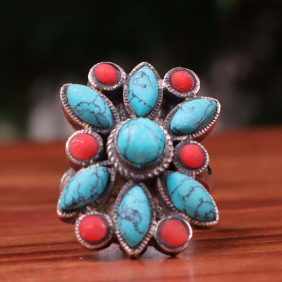 Nyshapuri Feroza Stone Ring | Natural Blue Turquoise And Red Coral | Sterling Silver 92.5 | Geniune Feroza Stone | US Size 9 - AlAliGems