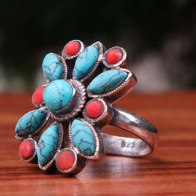 Nyshapuri Feroza Stone Ring | Natural Blue Turquoise And Red Coral | Sterling Silver 92.5 | Geniune Feroza Stone | US Size 9 - AlAliGems