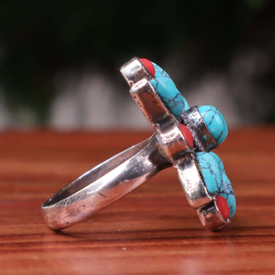 Nyshapuri Feroza Stone Ring | Natural Blue Turquoise And Red Coral | Sterling Silver 92.5 | Geniune Feroza Stone | US Size 9 - AlAliGems