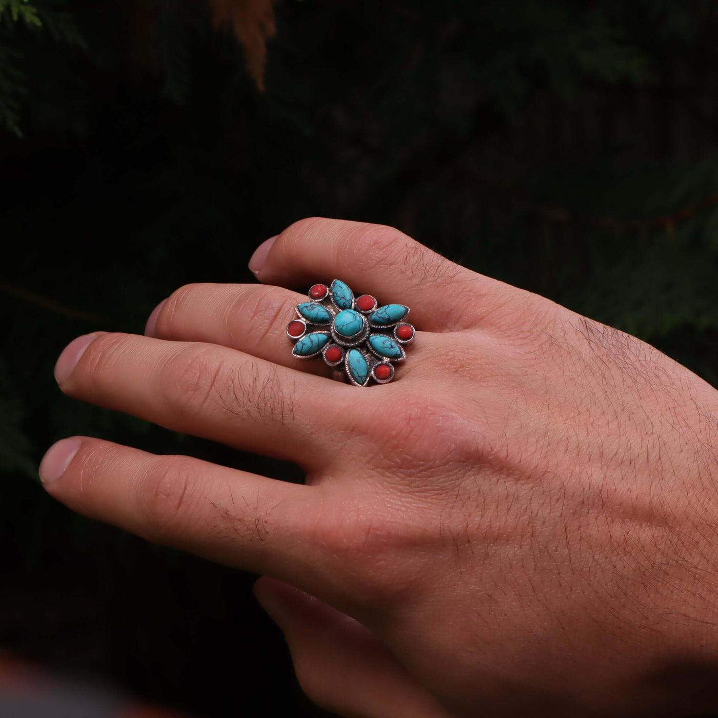 Nyshapuri Feroza Stone Ring | Natural Blue Turquoise And Red Coral | Sterling Silver 92.5 | Geniune Feroza Stone | US Size 9 - AlAliGems