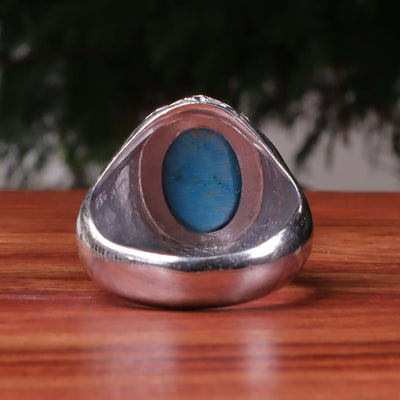 Kermani Feroza Stone Ring | Natural Blue Turquoise Stone Ring | Sterling Silver 92.5 | Geniune Feroza Stone | US Size 13 - AlAliGems